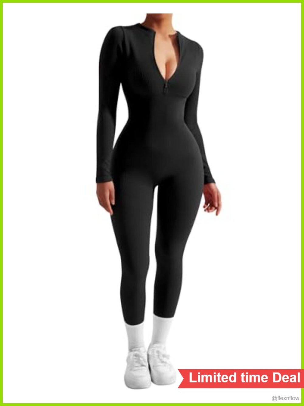 Ribbed Seamless Zip Up Front Long Sleeve Bodycon Jumpsuit Workout Romper